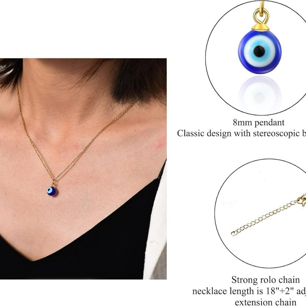 Evil Eye Necklace Chain Blue Eyes Amulet Pendant Necklace Ojo Turco Kabbalah Pro - Picture 2 of 8
